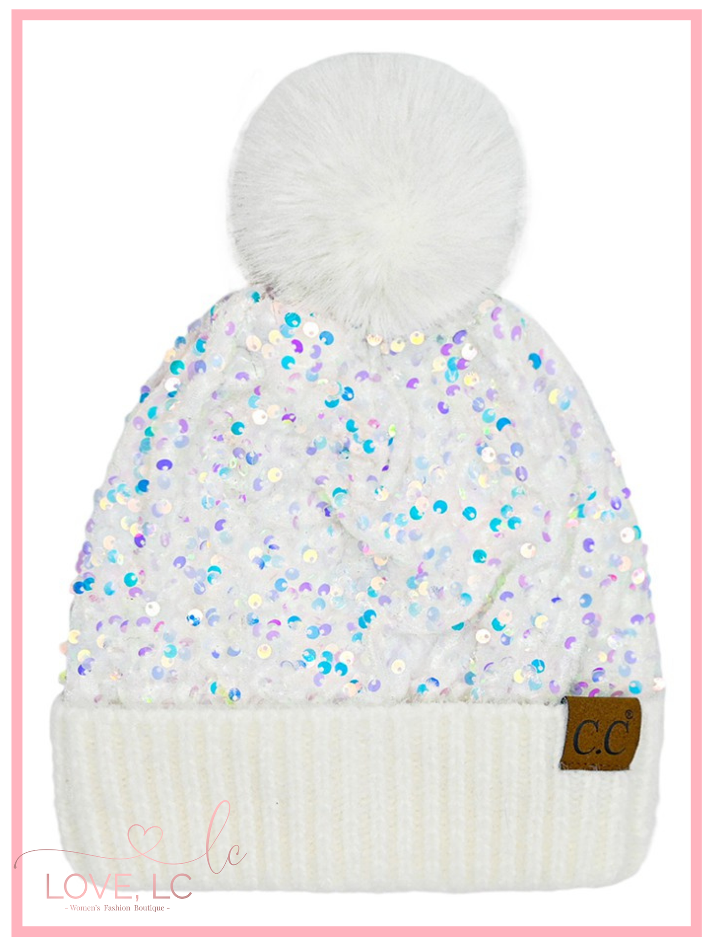 C.C. Sequin Fur Pom Beanie, White