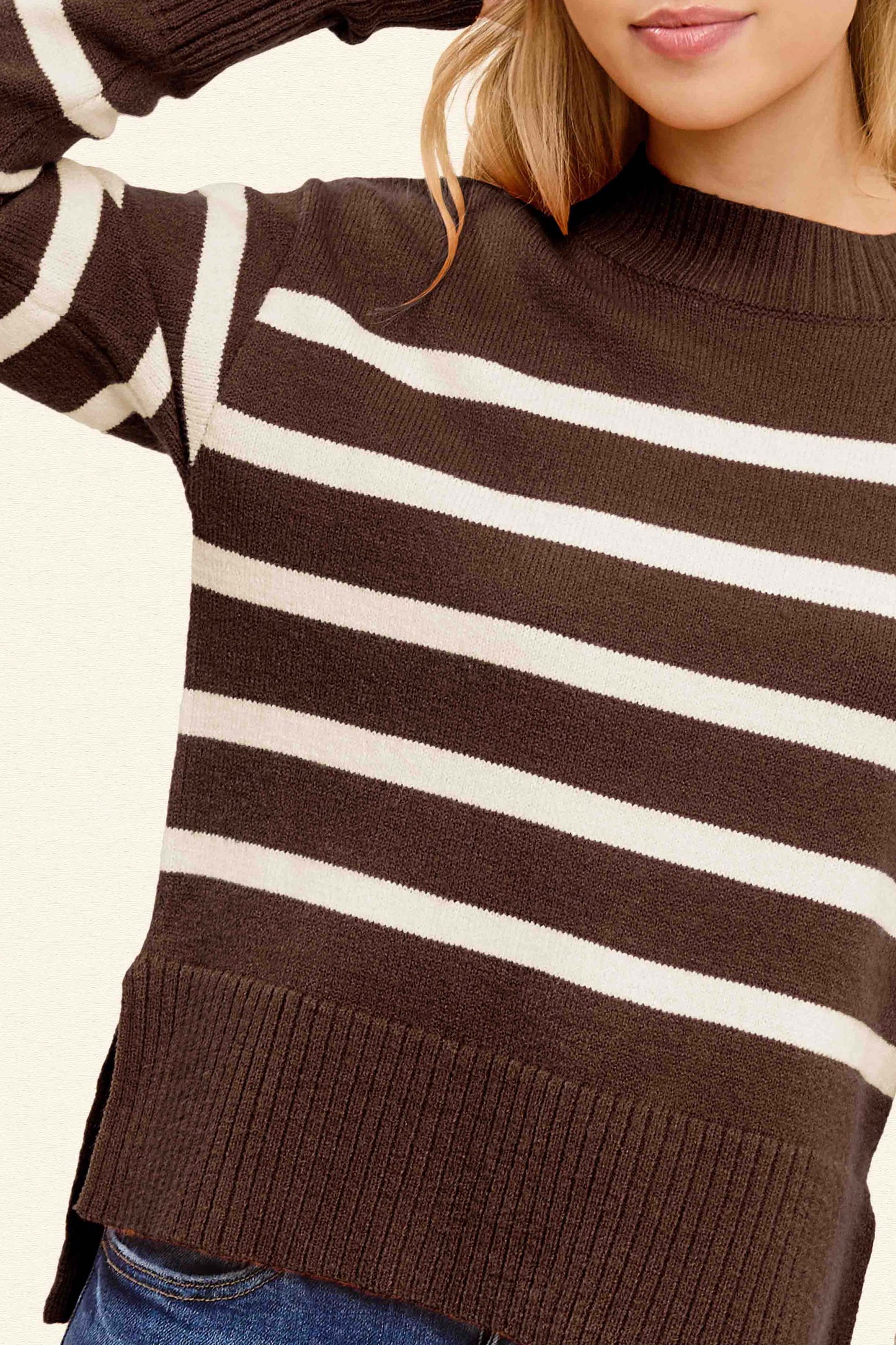 Striped Mock Neck Loose Fit Sweater, Brown