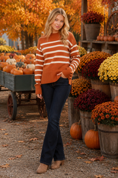Striped Mock Neck Loose Fit Sweater, Pumpkin