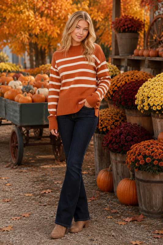 Striped Mock Neck Loose Fit Sweater, Pumpkin
