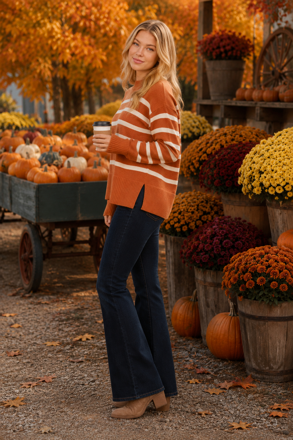 Striped Mock Neck Loose Fit Sweater, Pumpkin