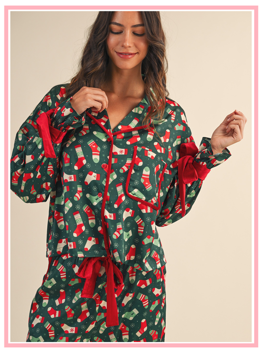 Christmas Socks Print Satin Pajama With Velvet Bow Set