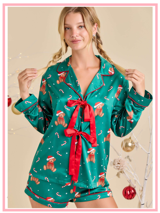 Green Gingerbread Satin Pajama Set With Red Bow
