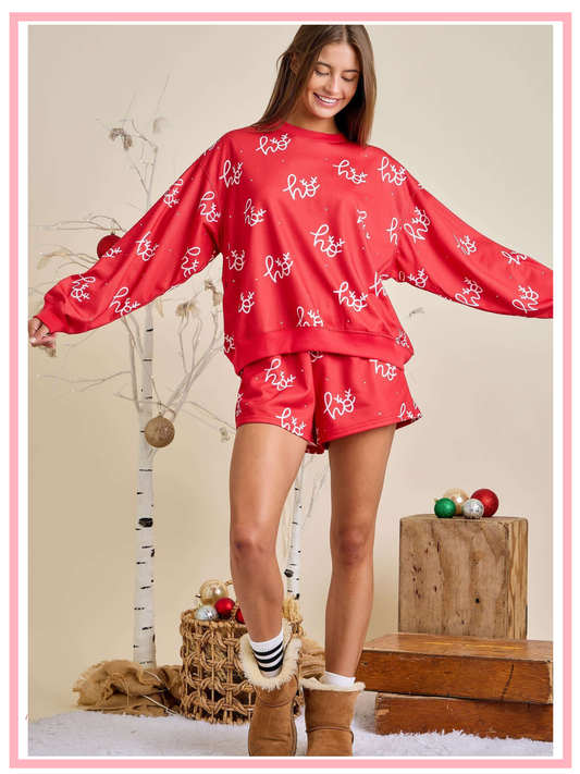 Christmas Printed Shorts With Rhinestone Detailing