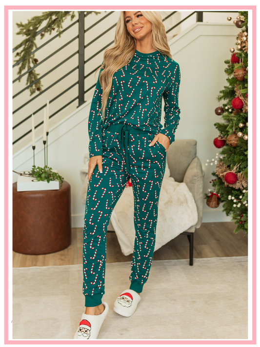 Christmas Candy Cane Top And Pants Lounge Set