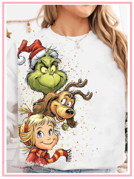 Cute Green Mean Guy with Friends Crewneck