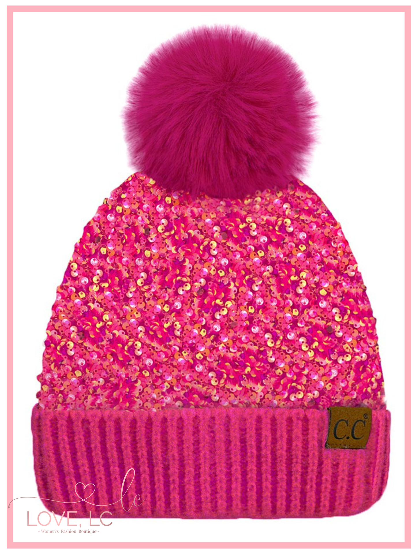 C.C. Sequin Fur Pom Beanie, Pink