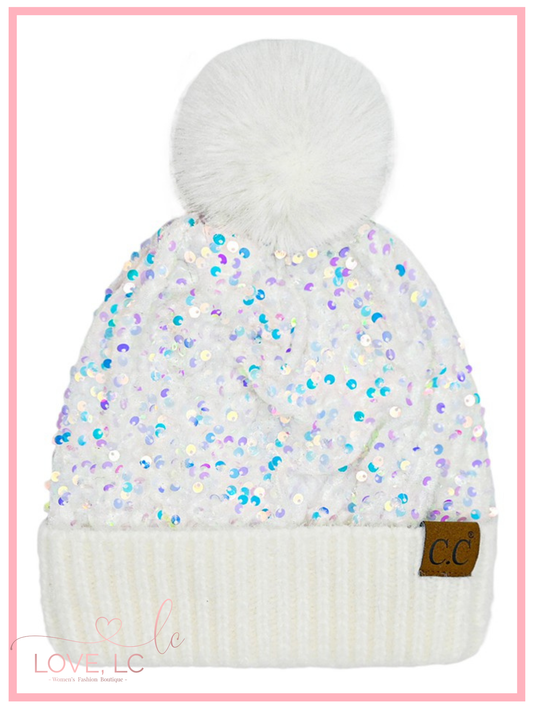 C.C. Sequin Fur Pom Beanie, White