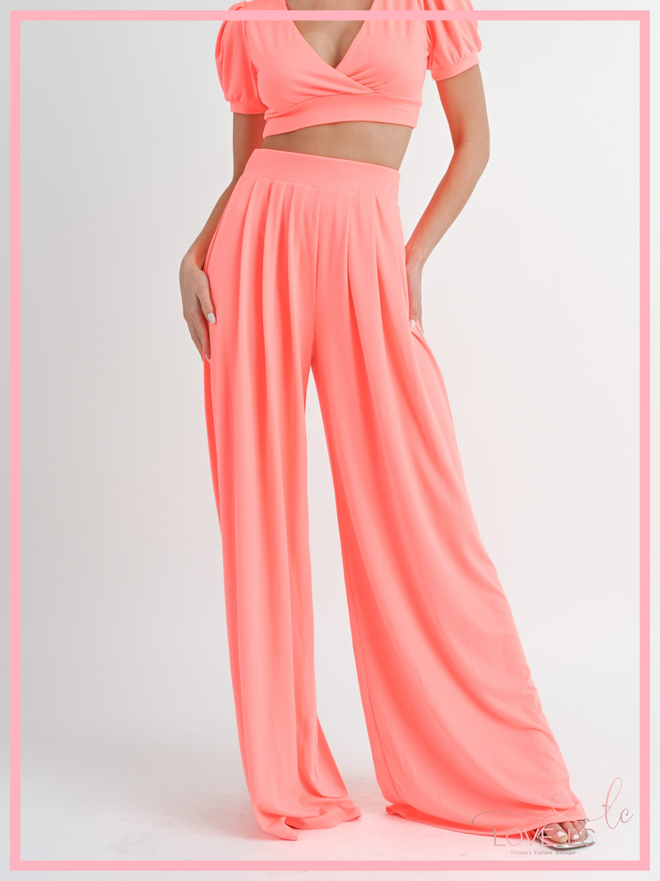 Pleated Palazzo Pants & Crop Top Set