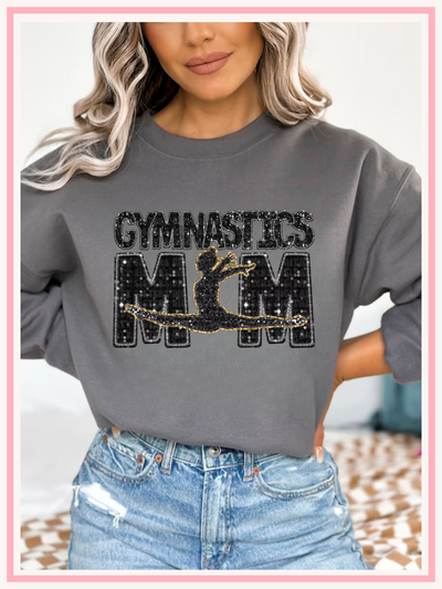Faux Sequin Gymnastics Mom Crewneck, Storm Grey