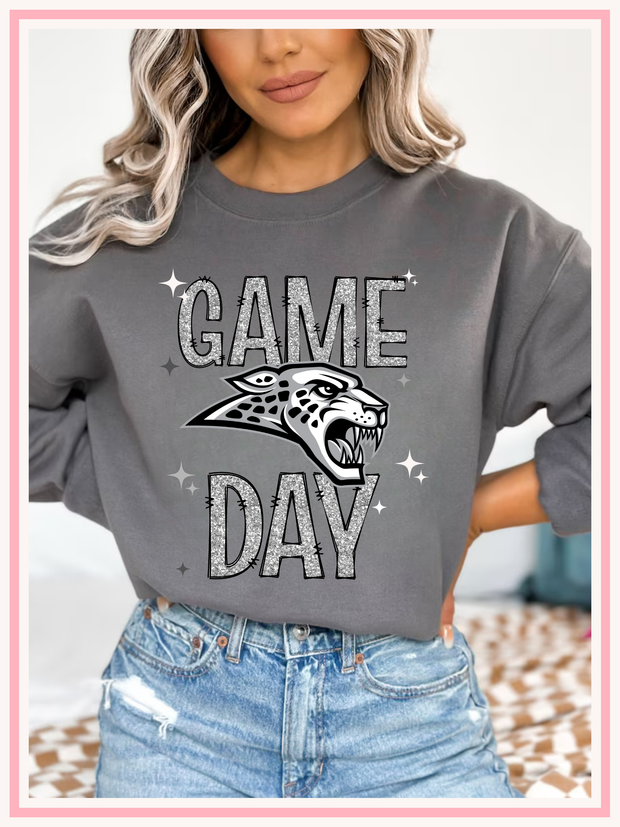 Ankeny Jaguars  Grey Faux Glitter Game Day Crewneck, Front Design