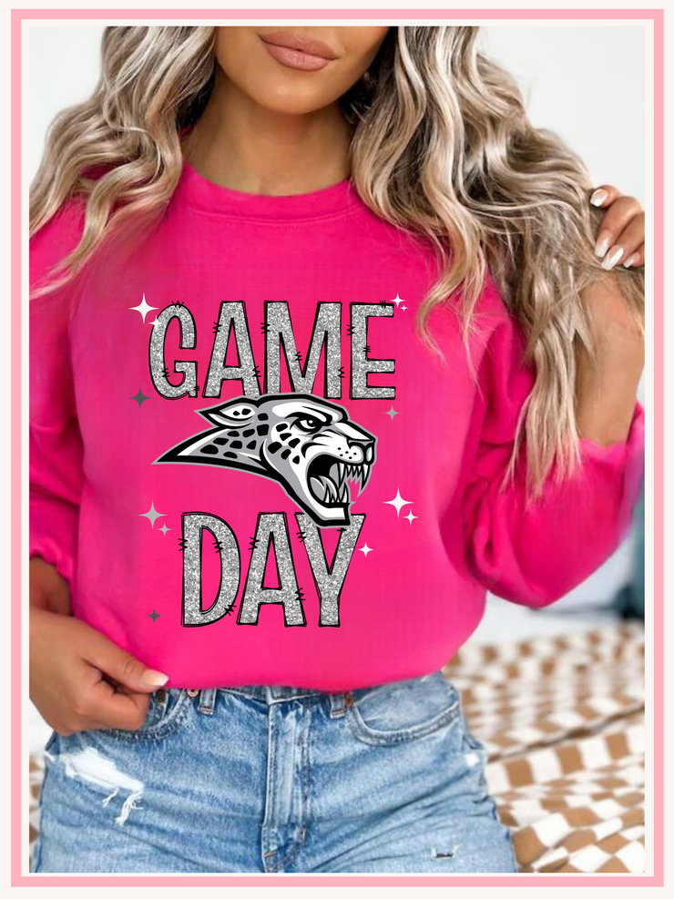 Ankeny Jaguars  Grey Faux Glitter Game Day Crewneck, Front Design