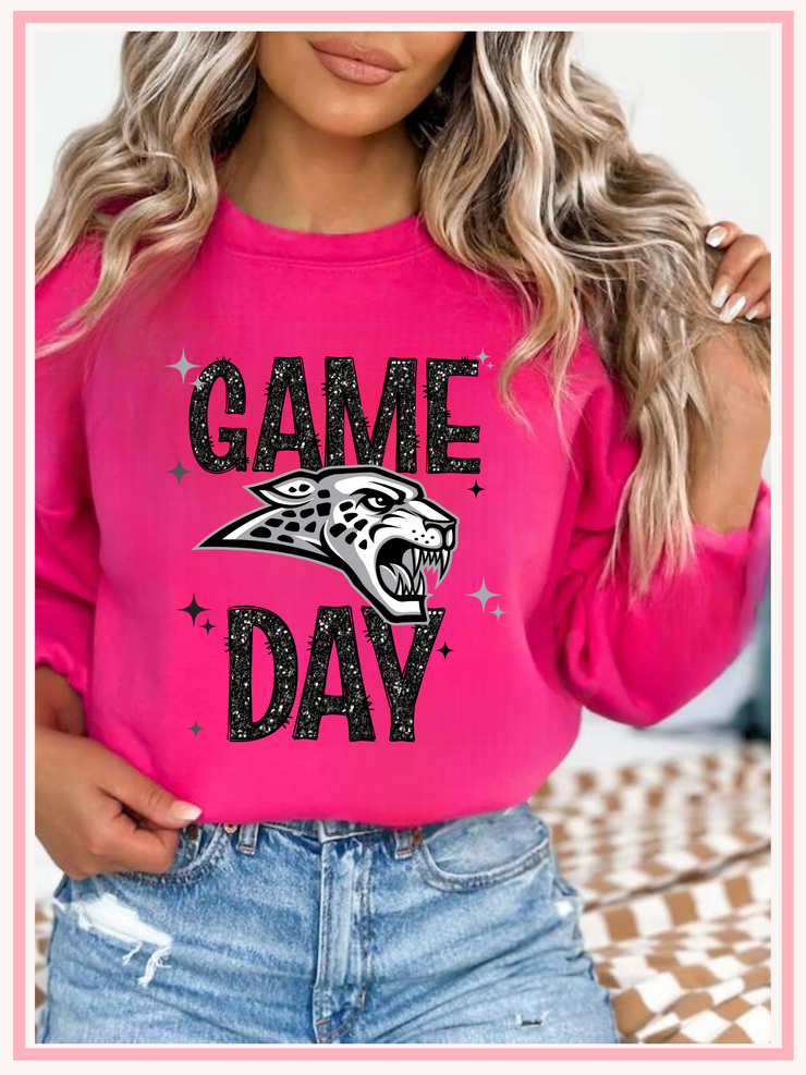 Ankeny Jaguars  Black Faux Glitter Game Day Crewneck, Front Design