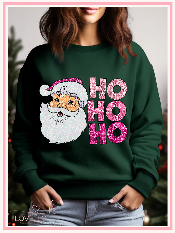 Faux Glitter HO HO HO Crewneck Sweatshirt