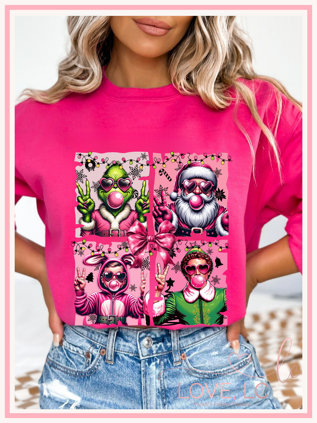 Bubblegum Christmas Faces Crewneck Sweatshirt