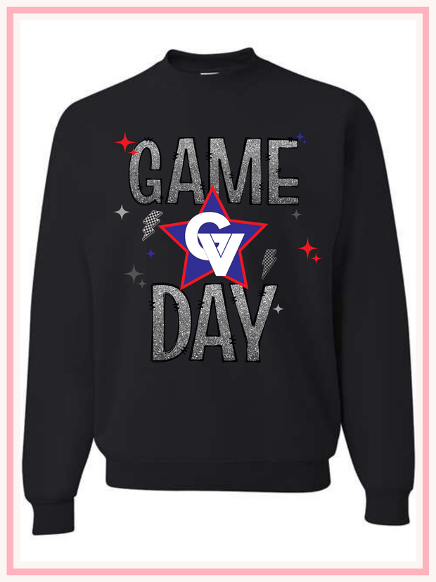 GVLL Silver Faux Glitter Game Day, Black Crewneck