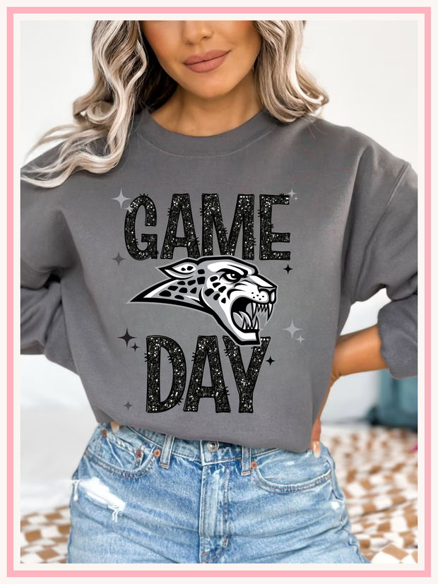 Ankeny Jaguars  Black Faux Glitter Game Day Crewneck, Front Design