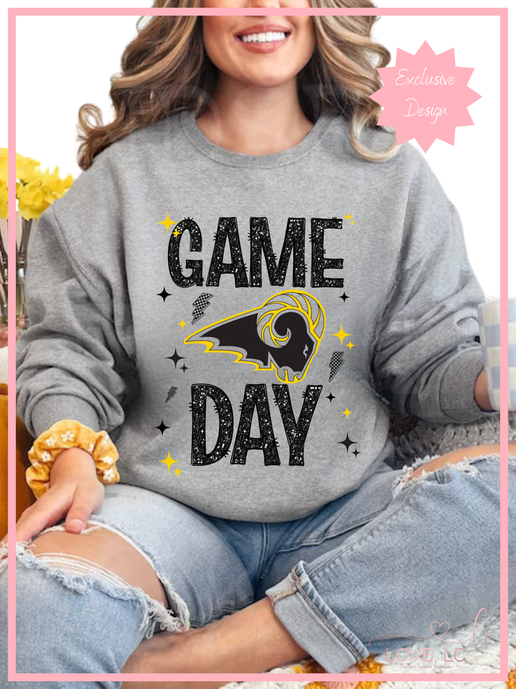 SEP RAMS Black Faux Glitter Game Day Crewneck Sweatshirt