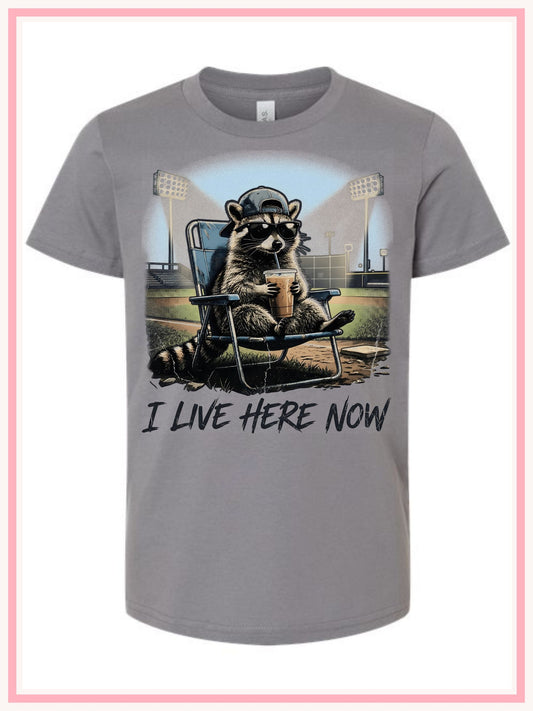 I live here now racoon t-shirt